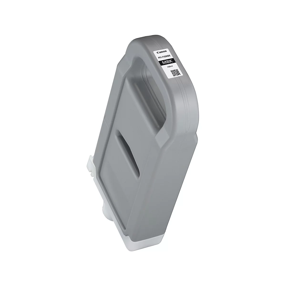 Graue Tintenpatrone von Canon, leicht schräg von oben aufgenommen, vor weißem Hintergrund. Auf der Patrone befindet sich ein Etikett mit Aufdruck.