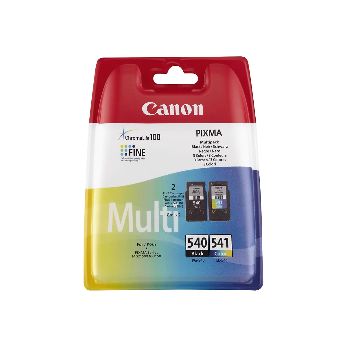 Verpackung von Canon Druckerpatronen. Das Produkt ist in einer Kunststoffverpackung mit rotem Deckel und transparentem Boden zu sehen. Auf der Verpackung steht "Canon" und Informationen über die Patronen.