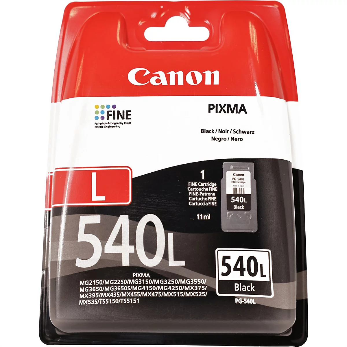 Schwarze Tintenpatrone Canon PIXMA 540L, Verpackung mit roter und schwarzer Farbgebung.