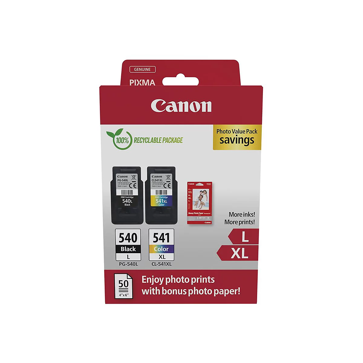 Canon PG-540L/CL-541XL Photo Value Pack - Glänzend - 2er-Pack - Hohe Ergiebigkeit - Schwarz, Farbe (Cyan, Magenta, Gelb) - original