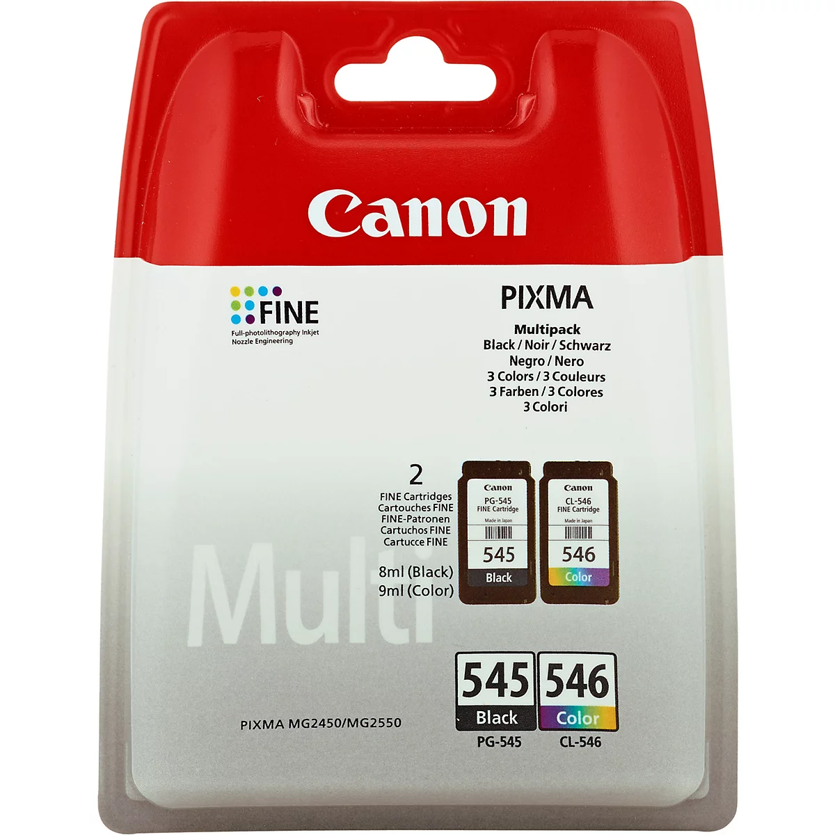 Verpackung mit Canon-Tintenpatronen. Roter oberer Teil mit weißem Canon-Schriftzug. Aufdruck mit den Produktbezeichnungen und Farbangaben.