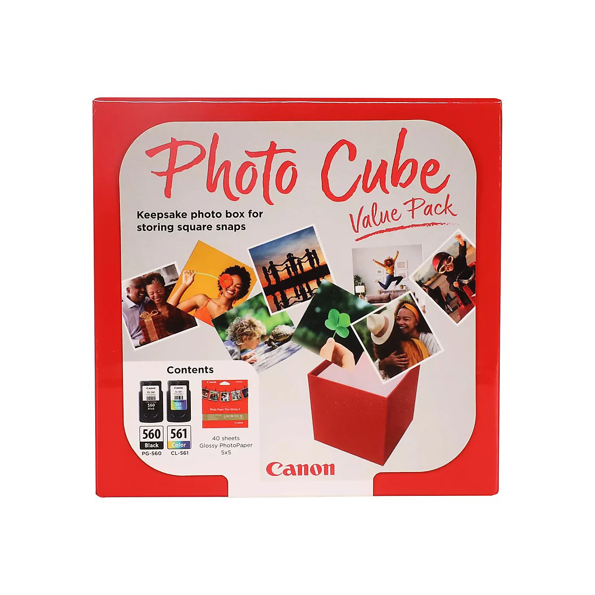 Rote Box mit 'Photo Cube' Schriftzug, Fotos, Tintenpatronen und 'Canon' Logo.