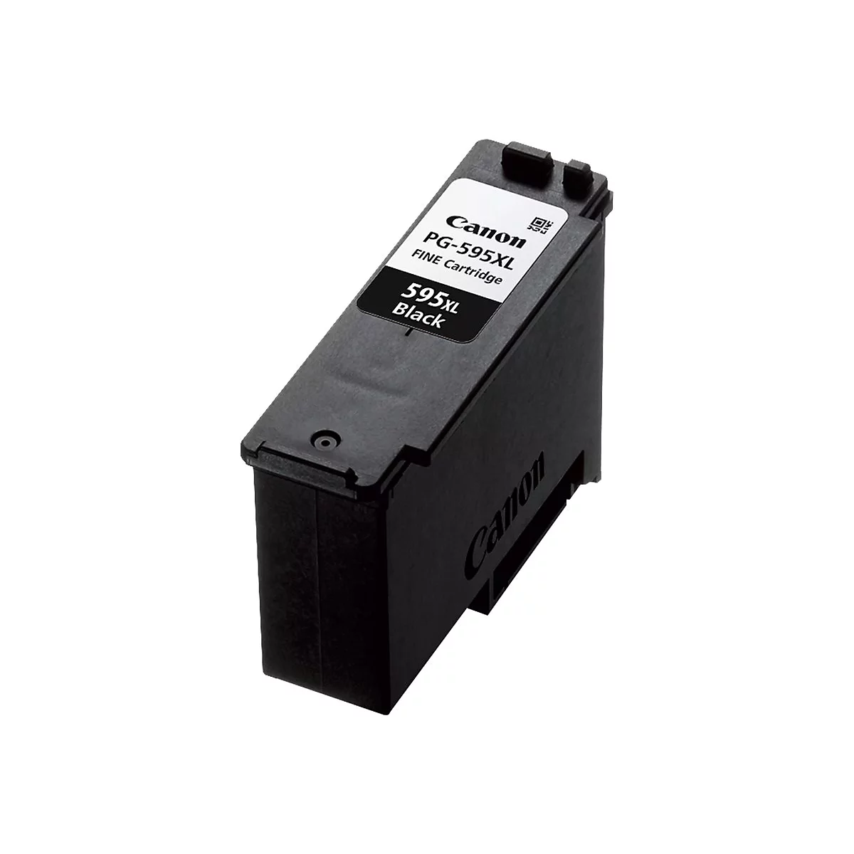 Cartouche d'encre noire Canon PG-595XL sur fond blanc. Texte imprimé : Canon, 595XL Black, FINE Cartridge.