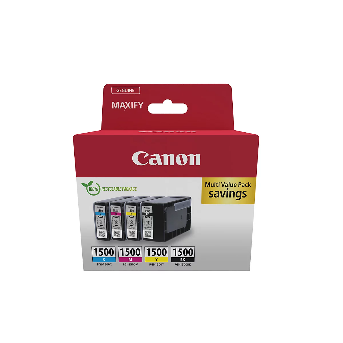 Verpackung von Canon MAXIFY Tintenpatronen. Auf der Verpackung steht Canon, 100% recycelbar, 1500, C, M, Y, BK. Multi Value Pack Savings.