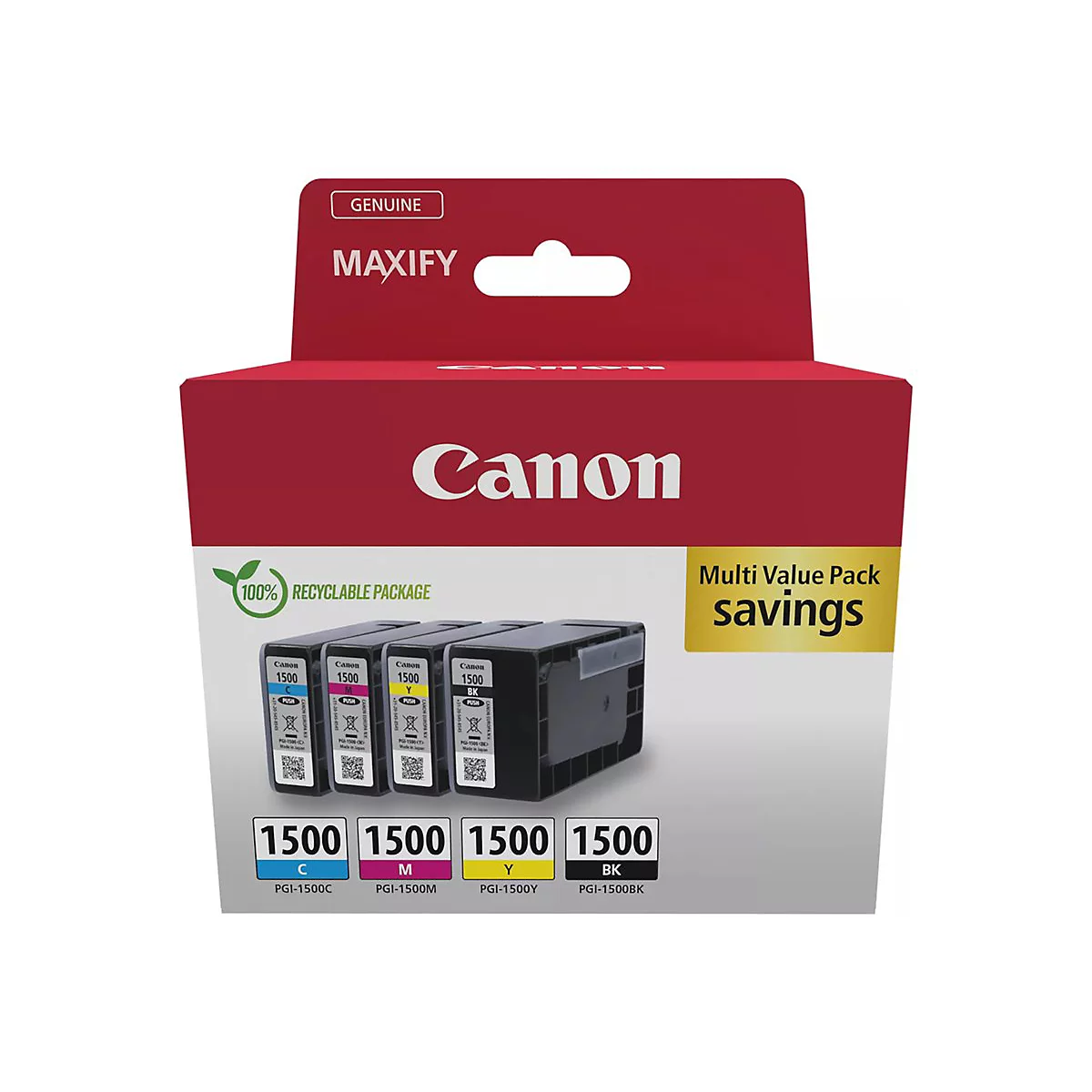 Canon MAXIFY Druckerpatronen-Set. Die Packung zeigt Patronen in Cyan, Magenta, Gelb und Schwarz.