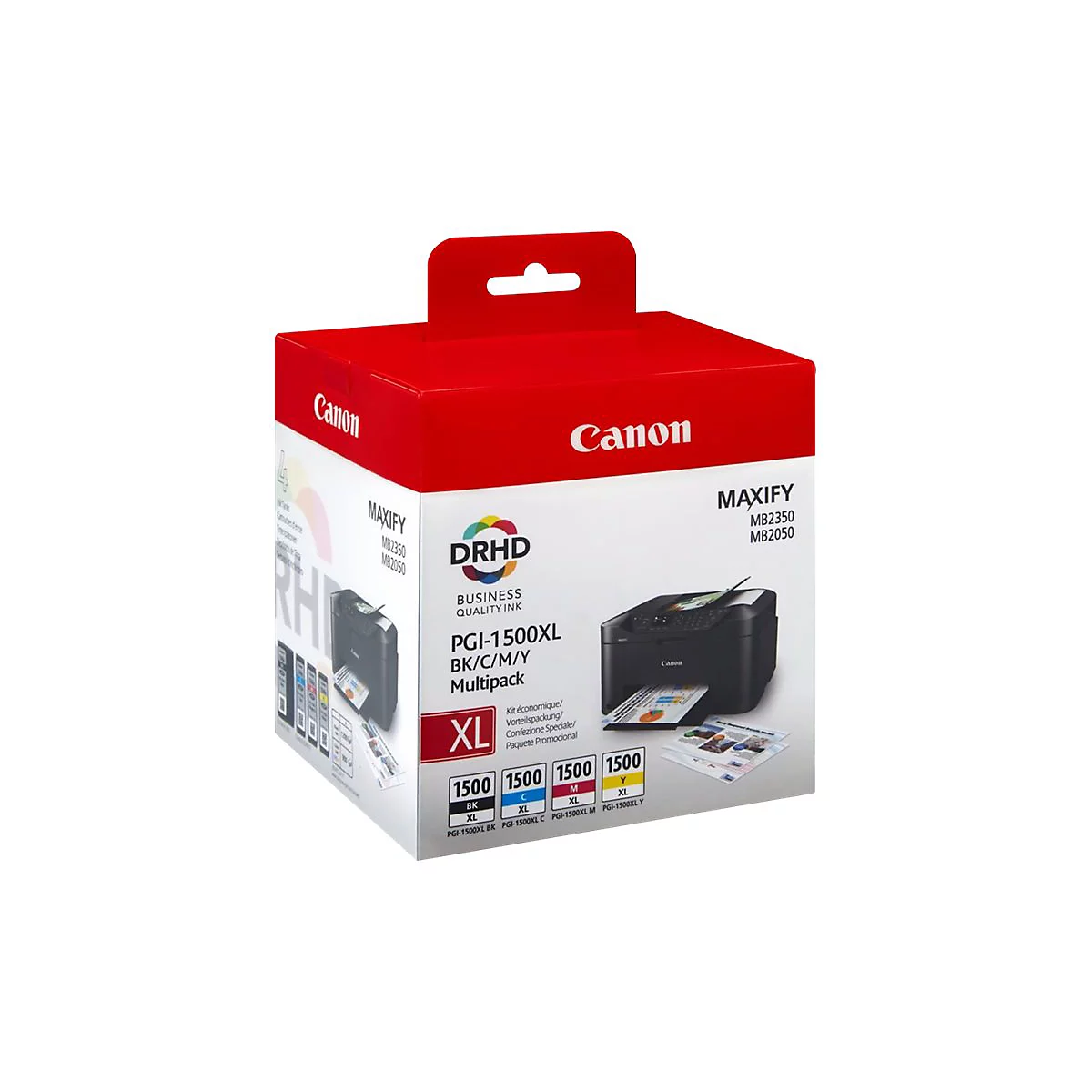 Canon PGI-1500XL Multipack Tintenpatronen-Verpackung mit Druckerabbildung auf weißem Hintergrund.