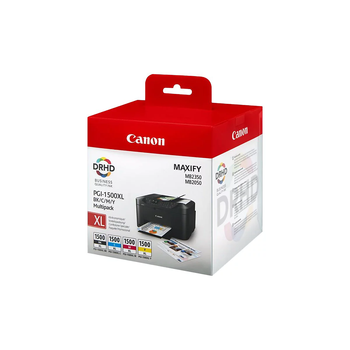 Canon PGI-1500XL Multipack Druckerpatronen-Verpackung mit abgebildetem Maxify Drucker und Farb-Icons.