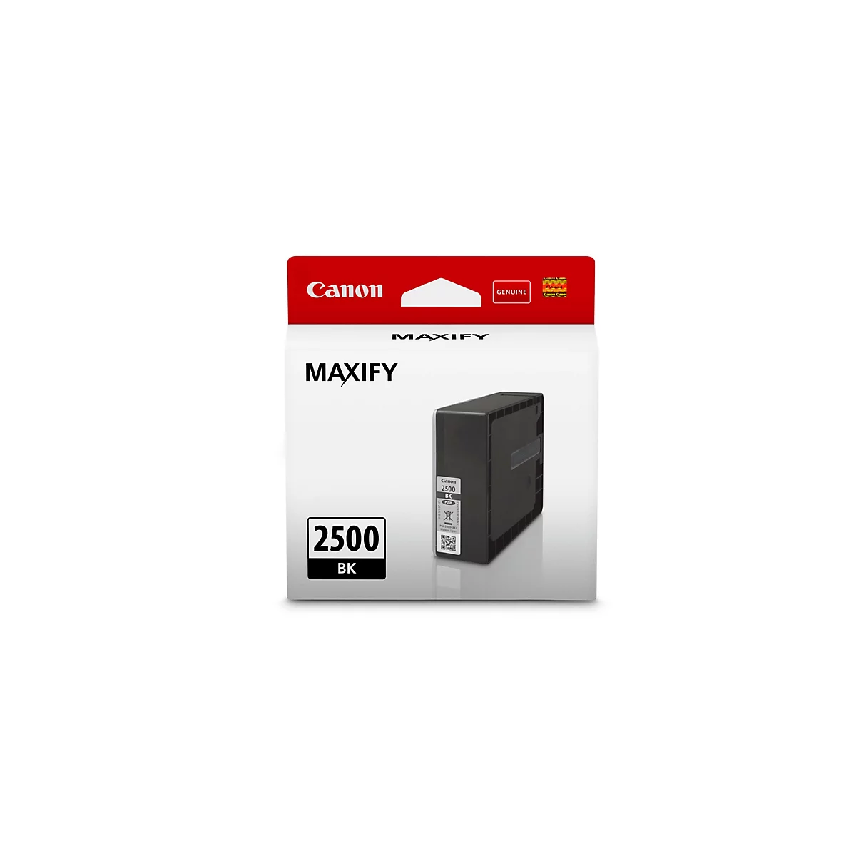Schwarze Tintenpatrone "Canon MAXIFY 2500 BK" in einer Verpackung mit Canon-Logo.