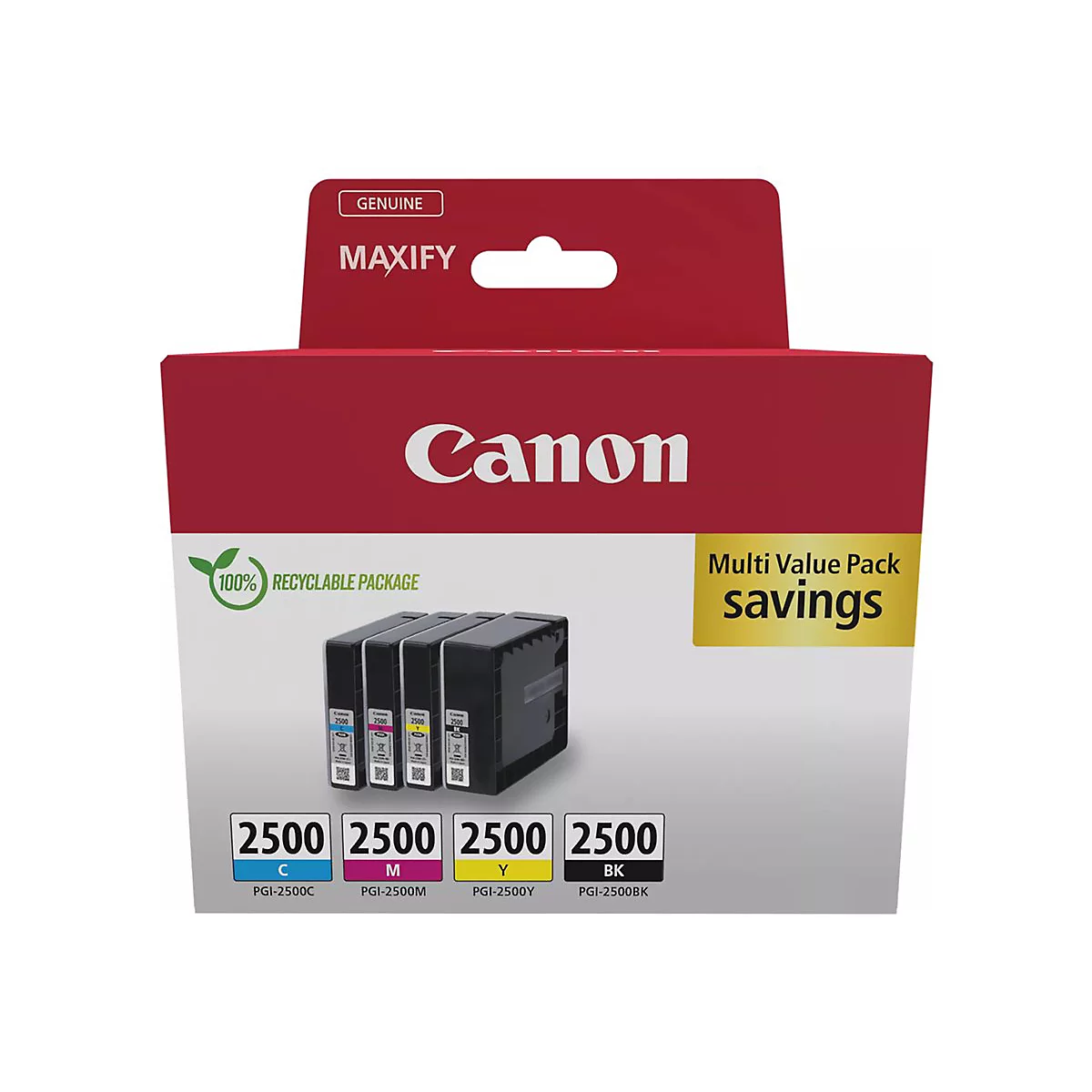 Packung Canon Maxify Druckerpatronen mit 4 Patronen. Aufschrift: "Multi Value Pack savings".
