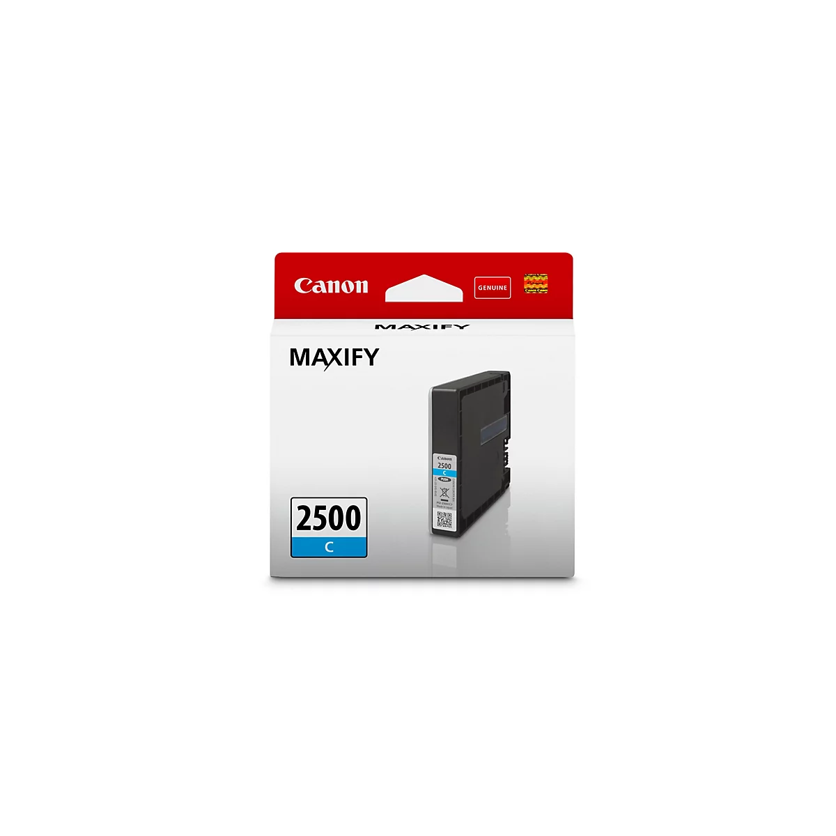 Eine Canon MAXIFY Tintenpatrone, Cyan, in der Originalverpackung. Auf der Verpackung steht "Canon", "MAXIFY", "2500 C" und "Genuine".