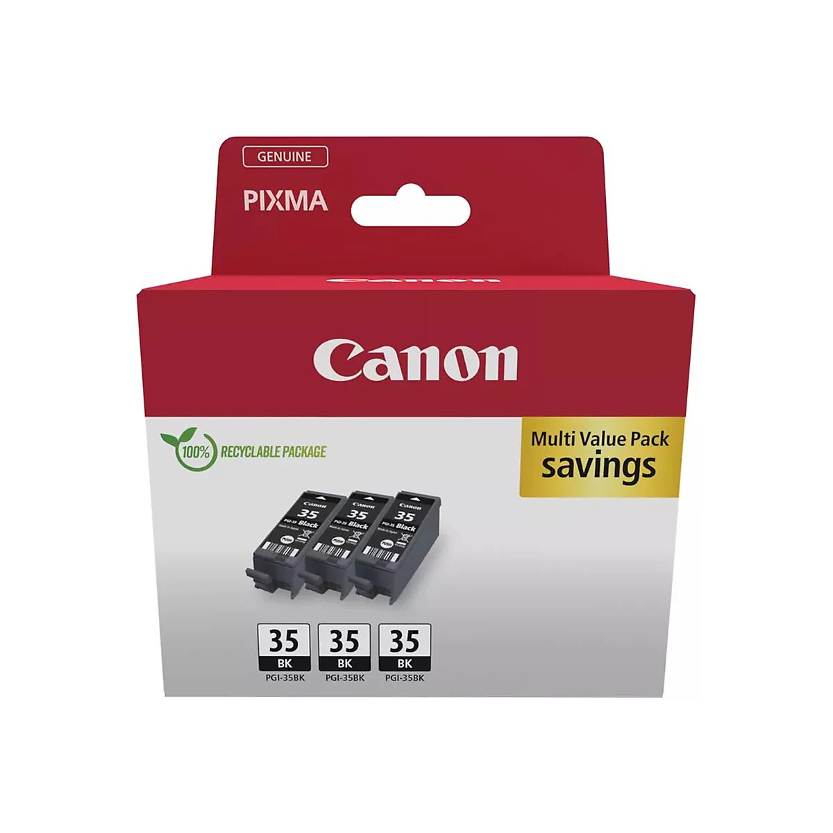 Produktverpackung mit drei Tintenpatronen. Aufdrucke: Canon, PIXMA, 35, BK, PGI-35BK.