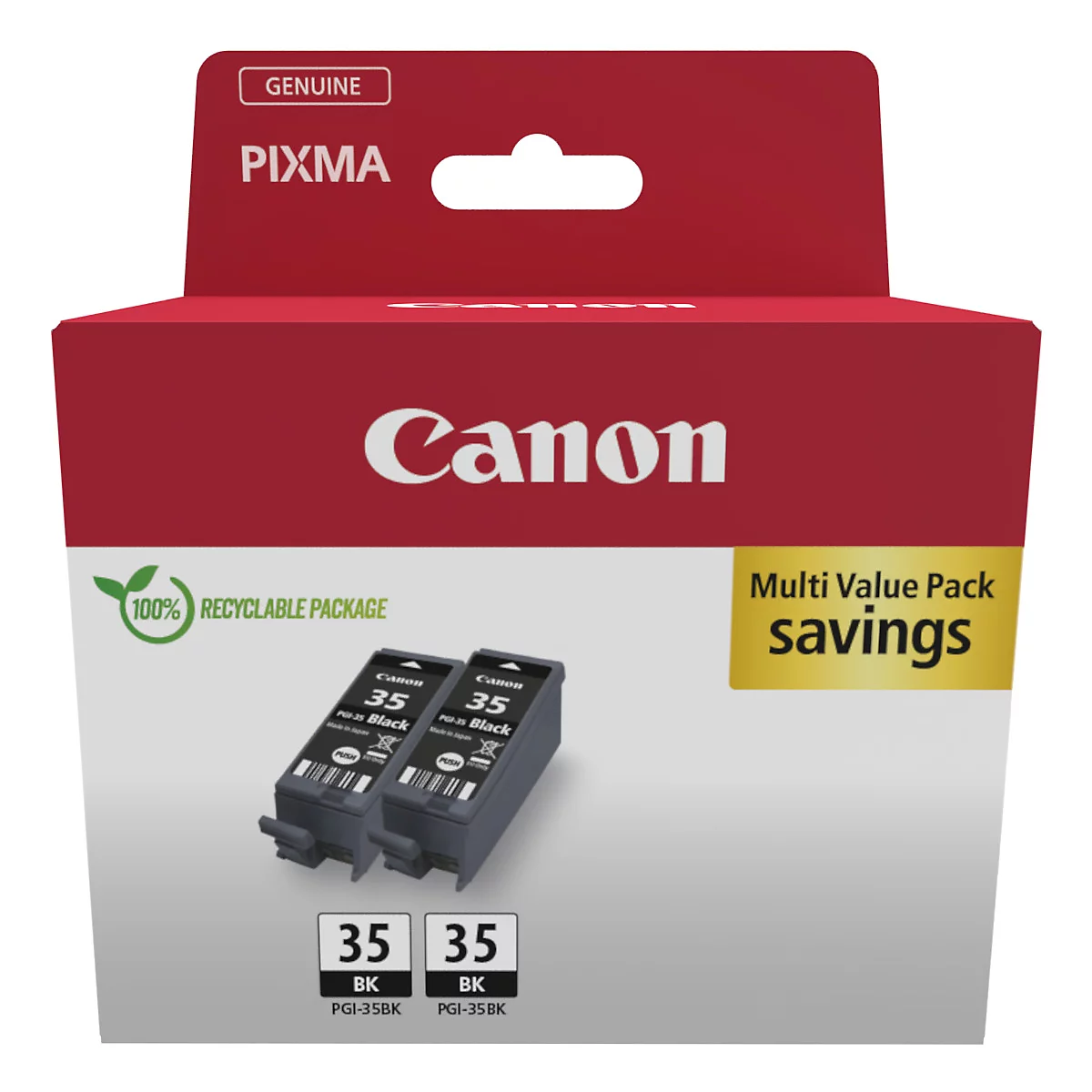 Verpackung mit zwei schwarzen Tintenpatronen Canon 35. Aufschrift: Canon, Pixma, Multi Value Pack, 100% Recyclingfähig.