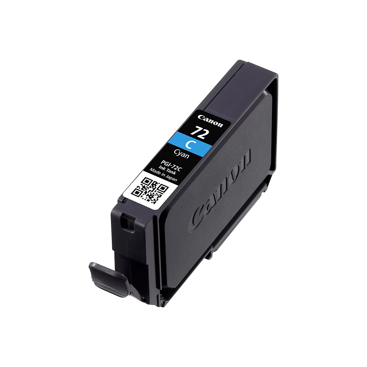 Canon Tintenpatrone 72 C Cyan mit Aufdrucken und QR-Code.