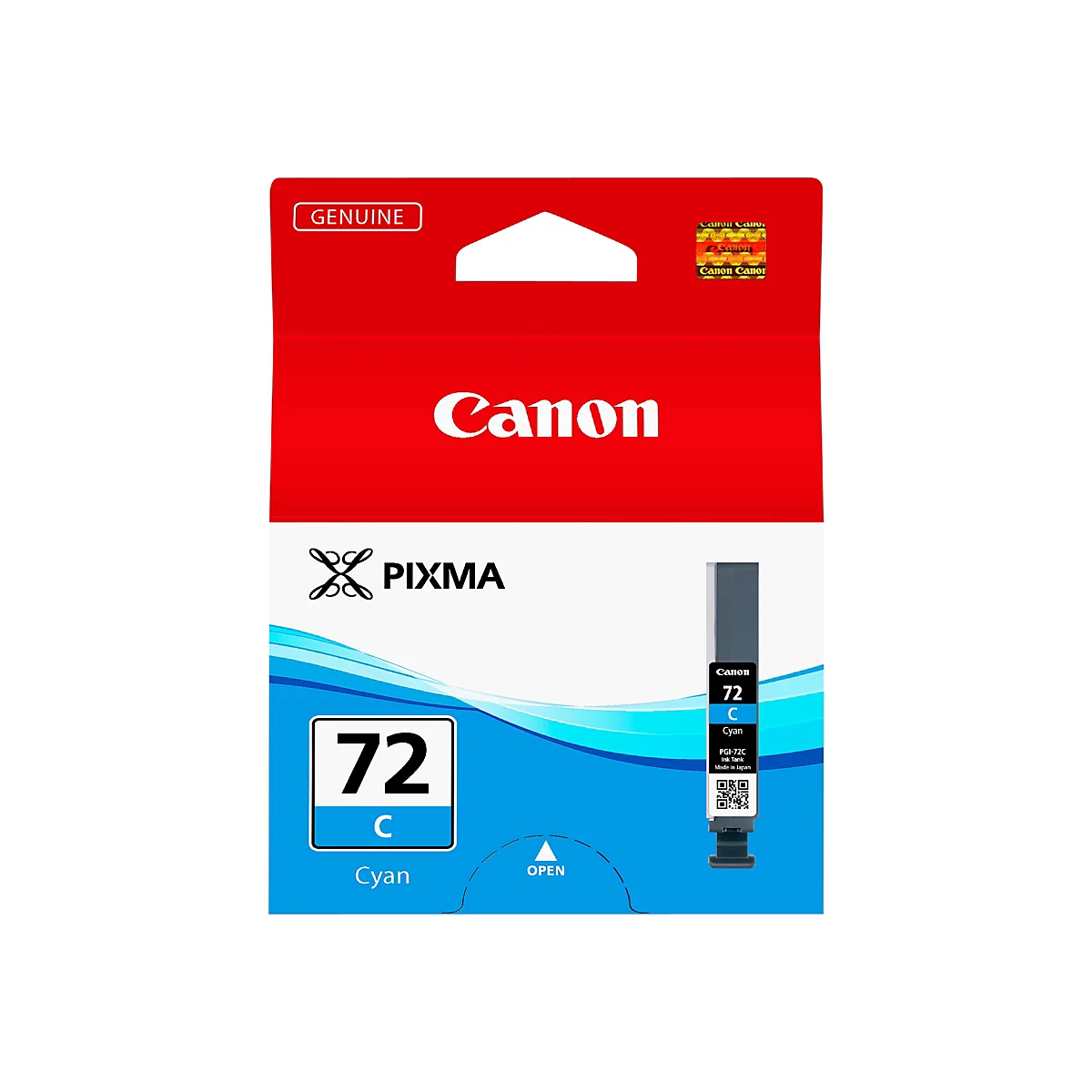 Canon-Tintenpatrone, Packung mit rotem Deckel und blauem Boden. Aufschrift Canon, Pixma, 72 C Cyan.