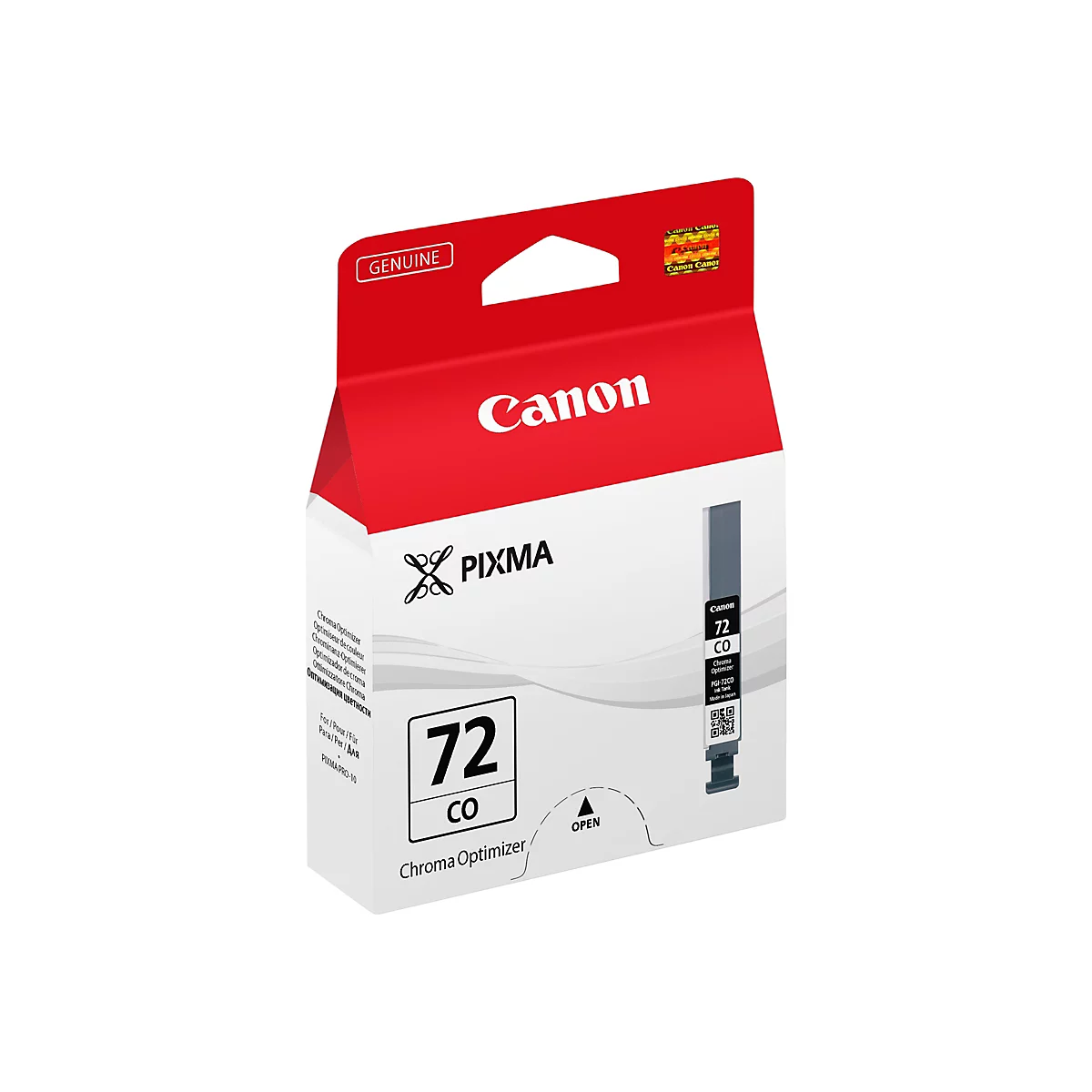 Kompakte Tintenpatrone fÃ¼r Canon-Drucker, weiÃŸ-rot verpackt, mit Produkt- und Markenlogos.