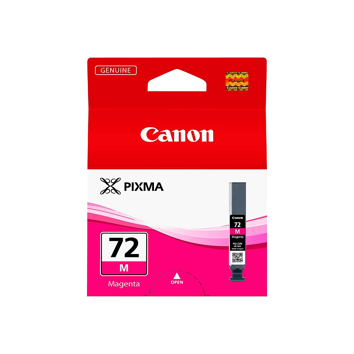Eine Canon Tintenpatrone in Magenta, auf der Vorderseite steht die Nummer 72, sowie der Markenname Canon.