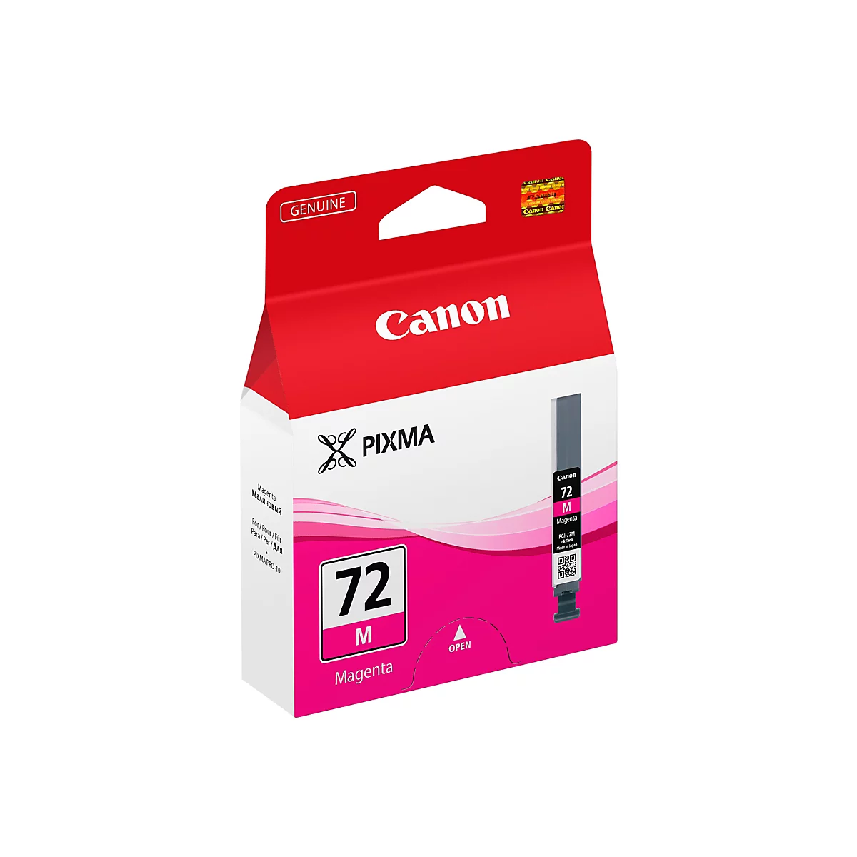 Eine Magenta Tintenpatrone fÃ¼r Canon Pixma Drucker in einer Verpackung. Aufgedruckt sind die SchriftzÃ¼ge 'Canon', 'Pixma' und '72 M'.