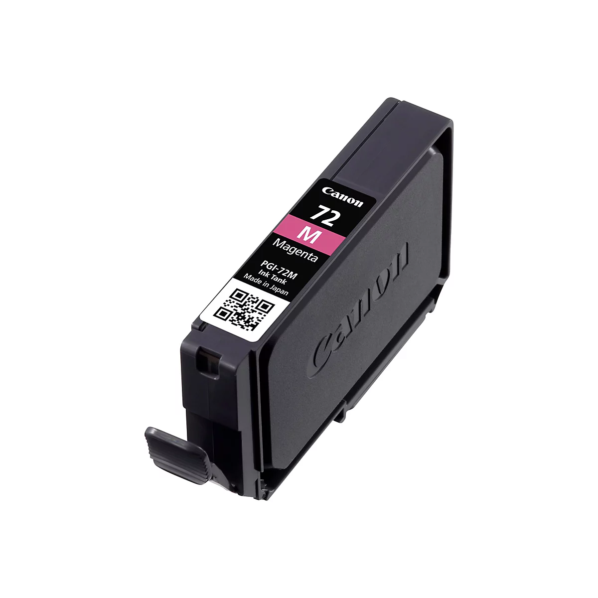 Eine schwarze Tintenpatrone mit Aufdruck 'Canon 72 M Magenta', QR-Code und 'PG1-72M'.
