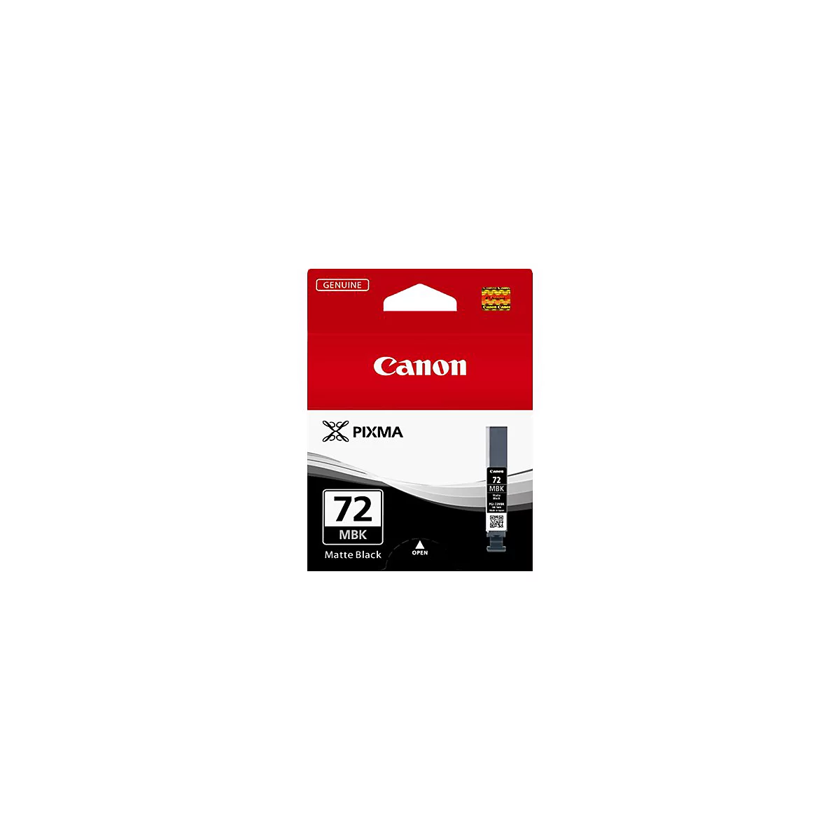 Canon Tintenpatrone 72 MBK, schwarz, vor weiÃŸem Hintergrund. Aufschrift: Genuine, Canon, Pixma, 72 MBK, Matte Black.