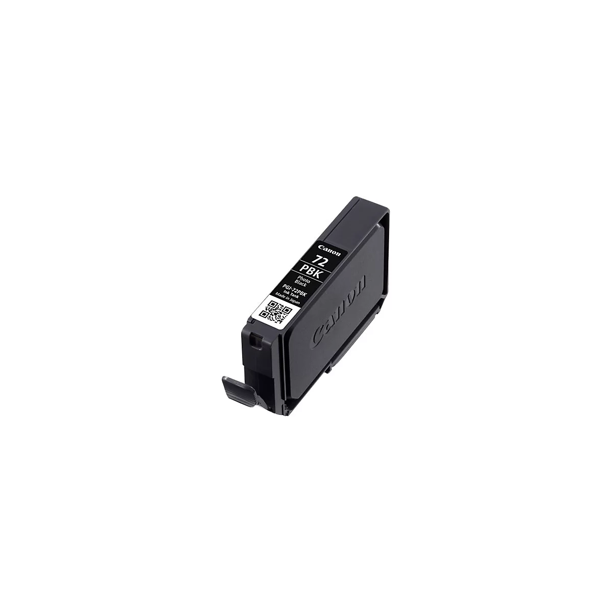 Schwarze Canon Tintenpatrone. Aufschrift: Canon, 72, PBK, Foto Schwarz, PGI-72PBK, Made in Japan.