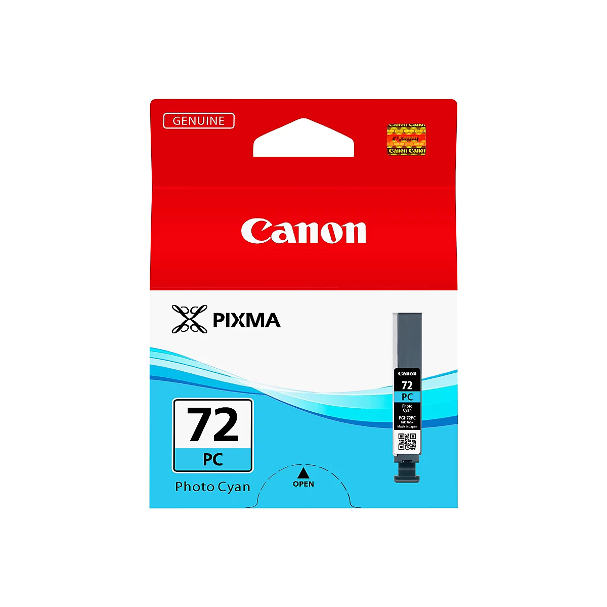 Eine Canon-Druckerpatrone, rot-weiÃŸ-blau. Oben steht 'Genuine', darunter 'Canon' und 'Pixma'. Darunter '72 PC Photo Cyan'.