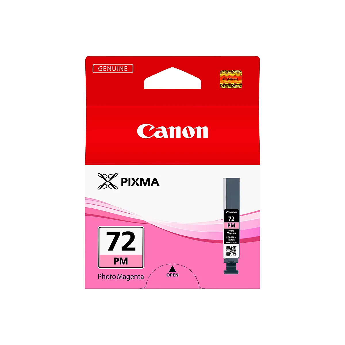 Canon Pixma Tintenpatrone Nr. 72 Photo Magenta. Die Verpackung ist rot und rosa.