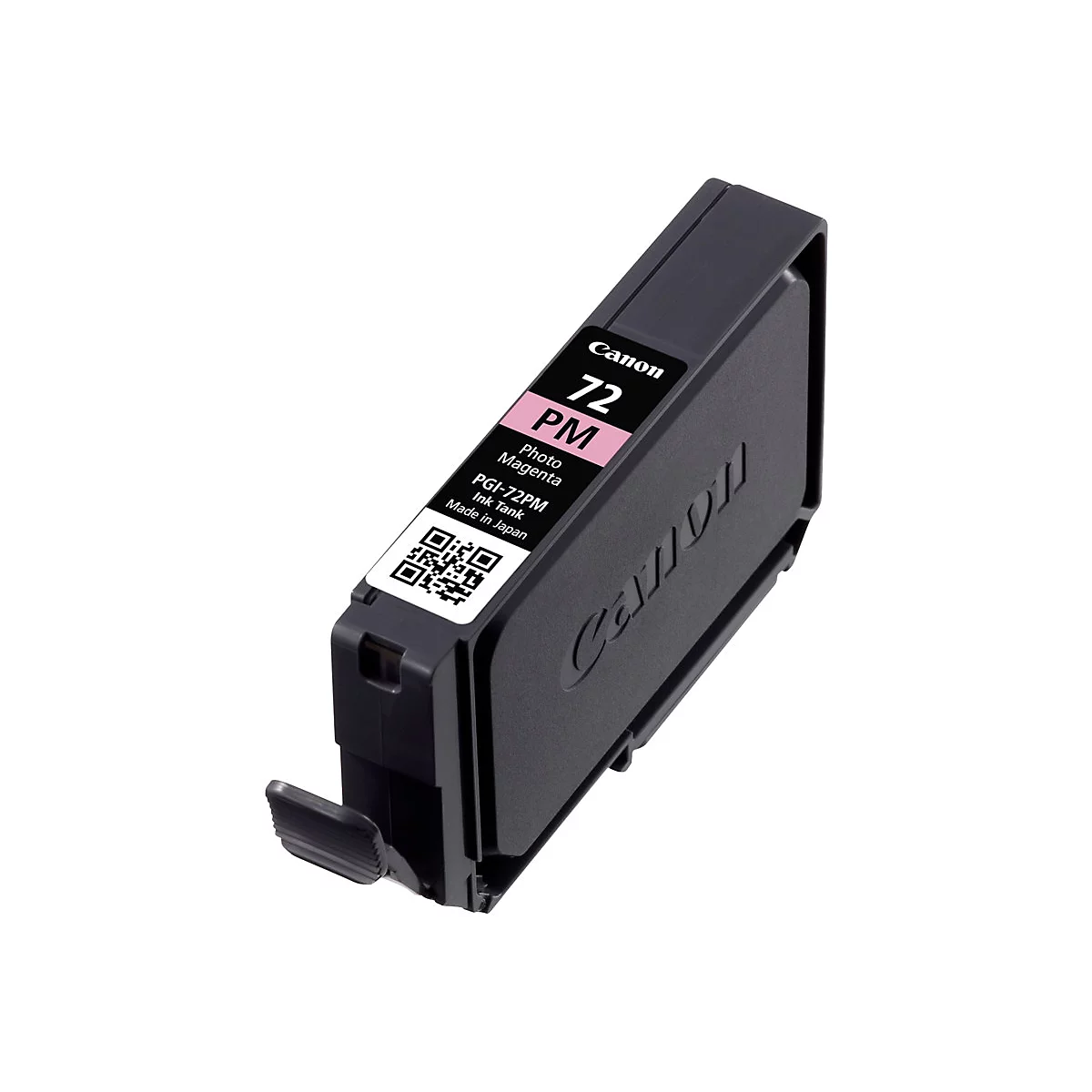 Schwarze Canon Tintenpatrone. Aufkleber: 72 PM, Photo Magenta, PGI-72PM, Made in Japan.