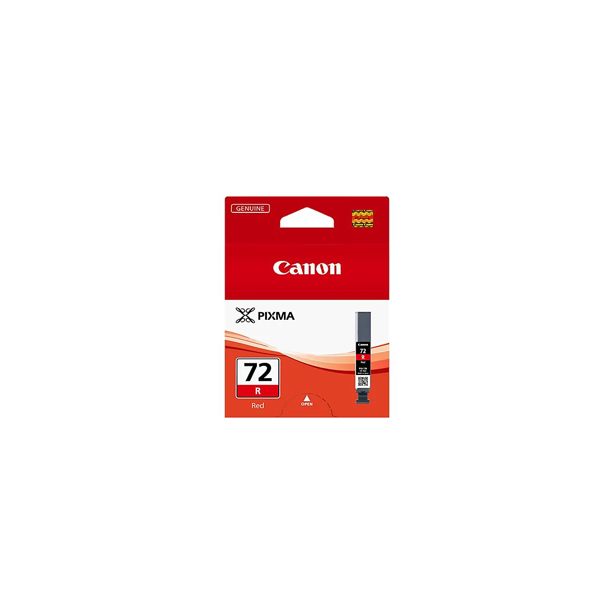 Rote Canon Tintenpatrone. Aufschrift Genuine, Canon, Pixma, 72 R Red.