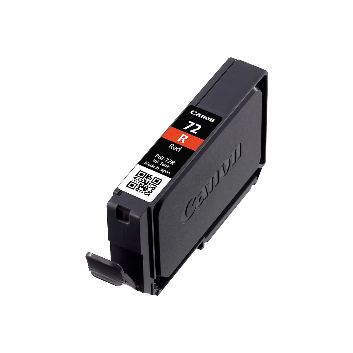 Schwarze Canon Tintenpatrone mit roter Markierung fÃ¼r rote Tinte. Beschriftung mit '72 R Red' und QR-Code.