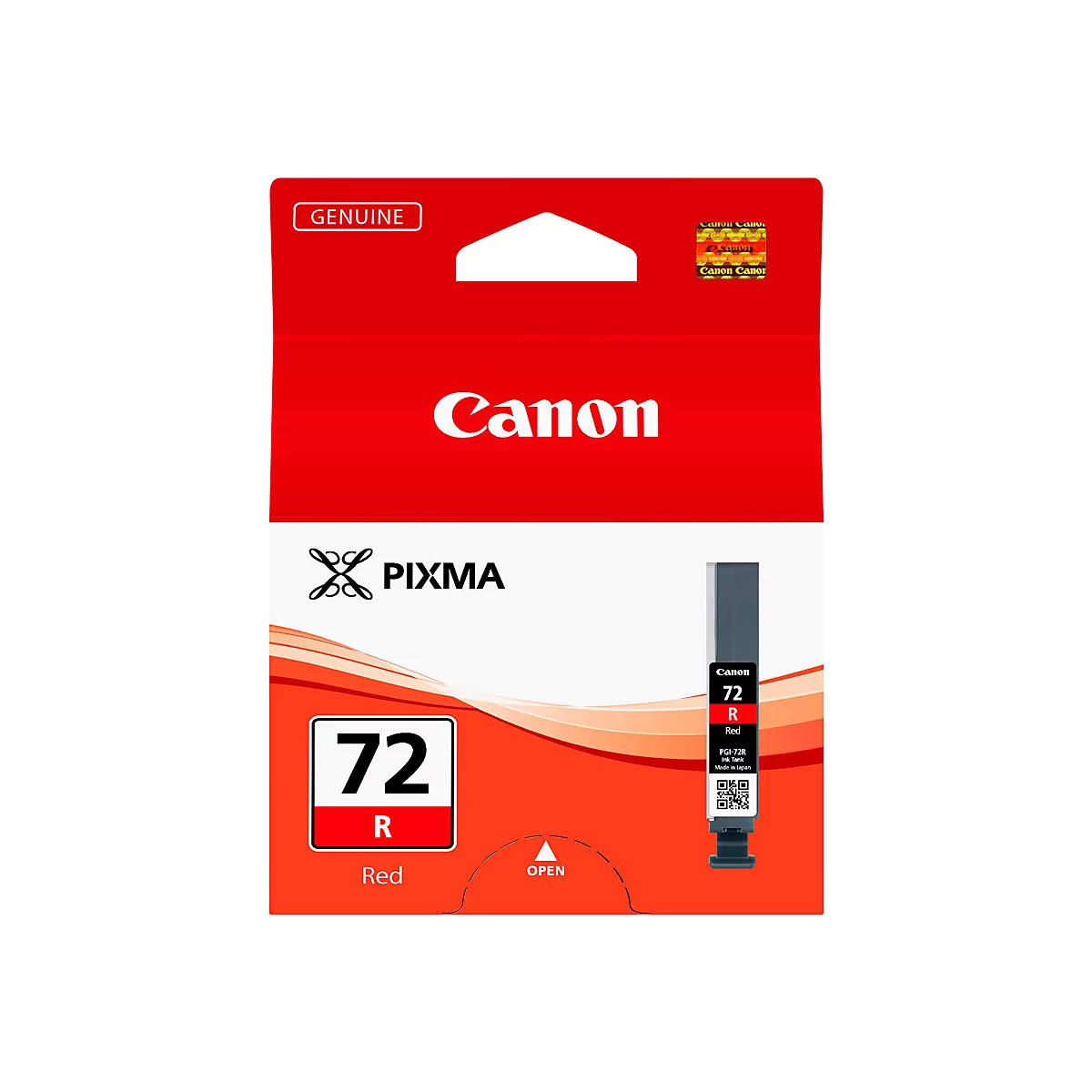 Rote Canon Pixma 72 R Tintenpatrone. Aufdruck Canon, Pixma und 72 R Red.