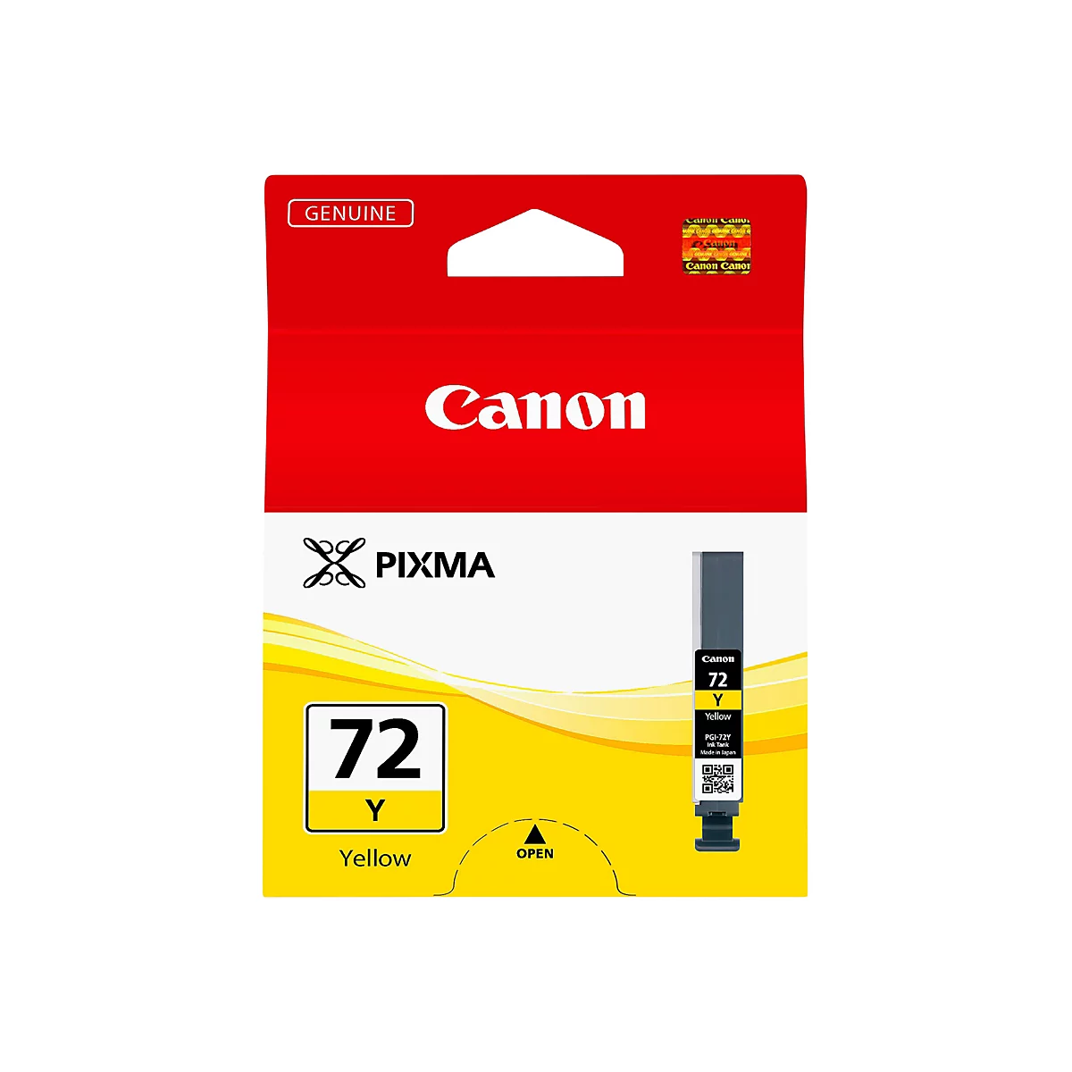 Gelbe Canon Pixma 72 Tintenpatrone mit rotem Deckel und gelbem Hintergrund.