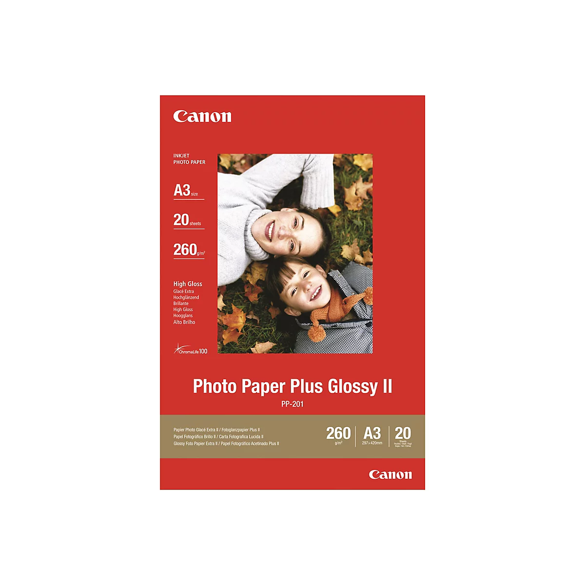 Canon Fotopapier A3 Packung mit glänzendem Finish und Bild einer lachenden Frau und eines Kindes im Laub.