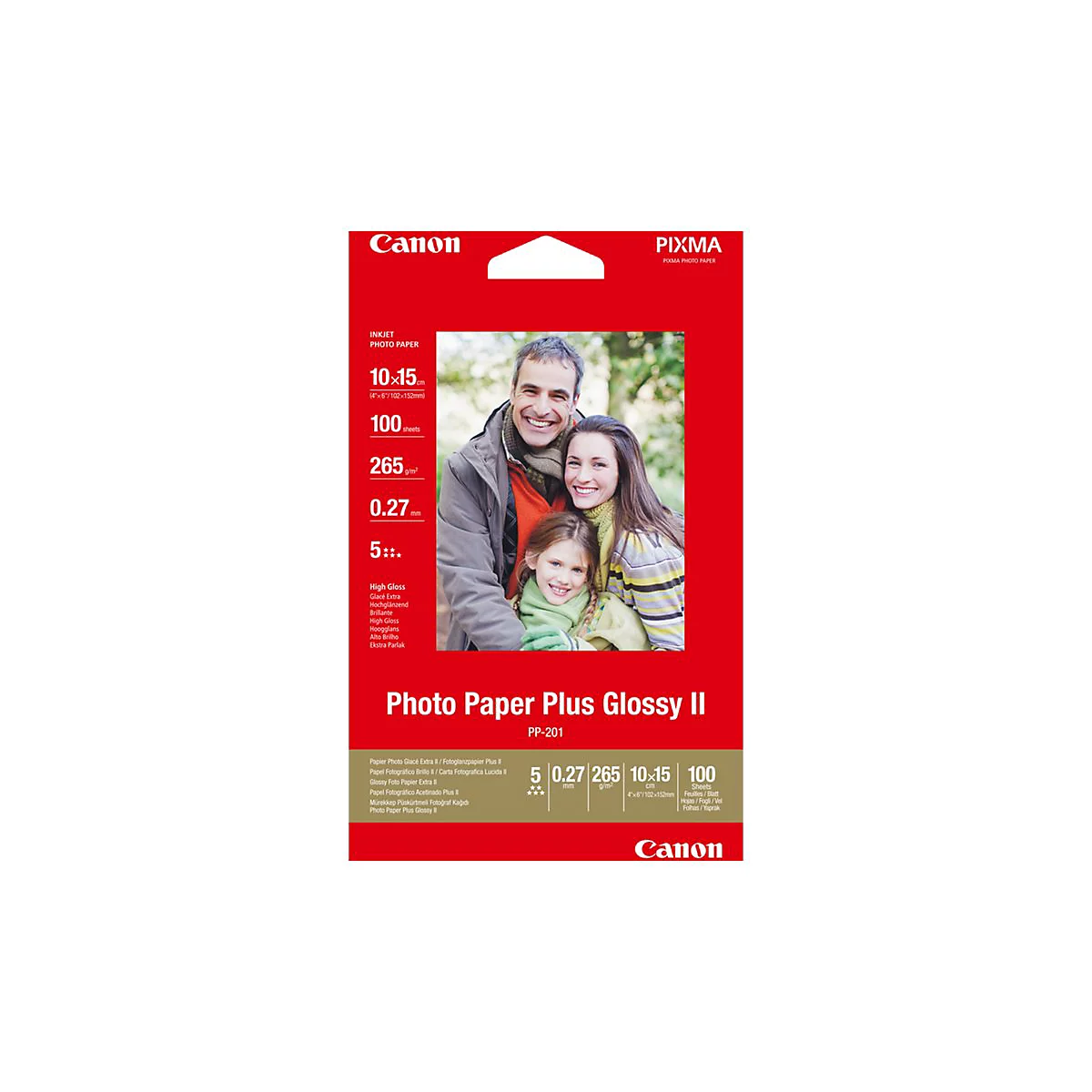 Verpackung von Canon Pixma Photo Paper Plus Glossy II im Format 10x15cm, 100 Blatt.