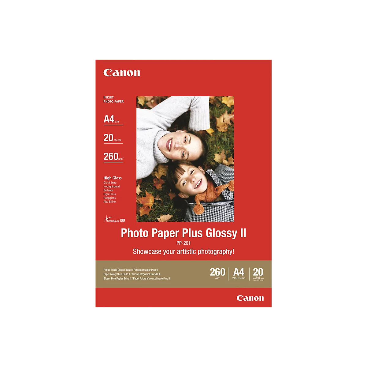 Canon Photo Paper Plus Glossy II A4 Verpackung mit Foto von Mutter und Kind im Herbstlaub.