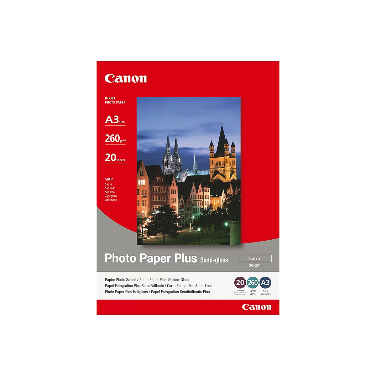 Canon Photo Paper Plus A3 Verpackung mit Abbildung des Kölner Doms bei Dämmerung.