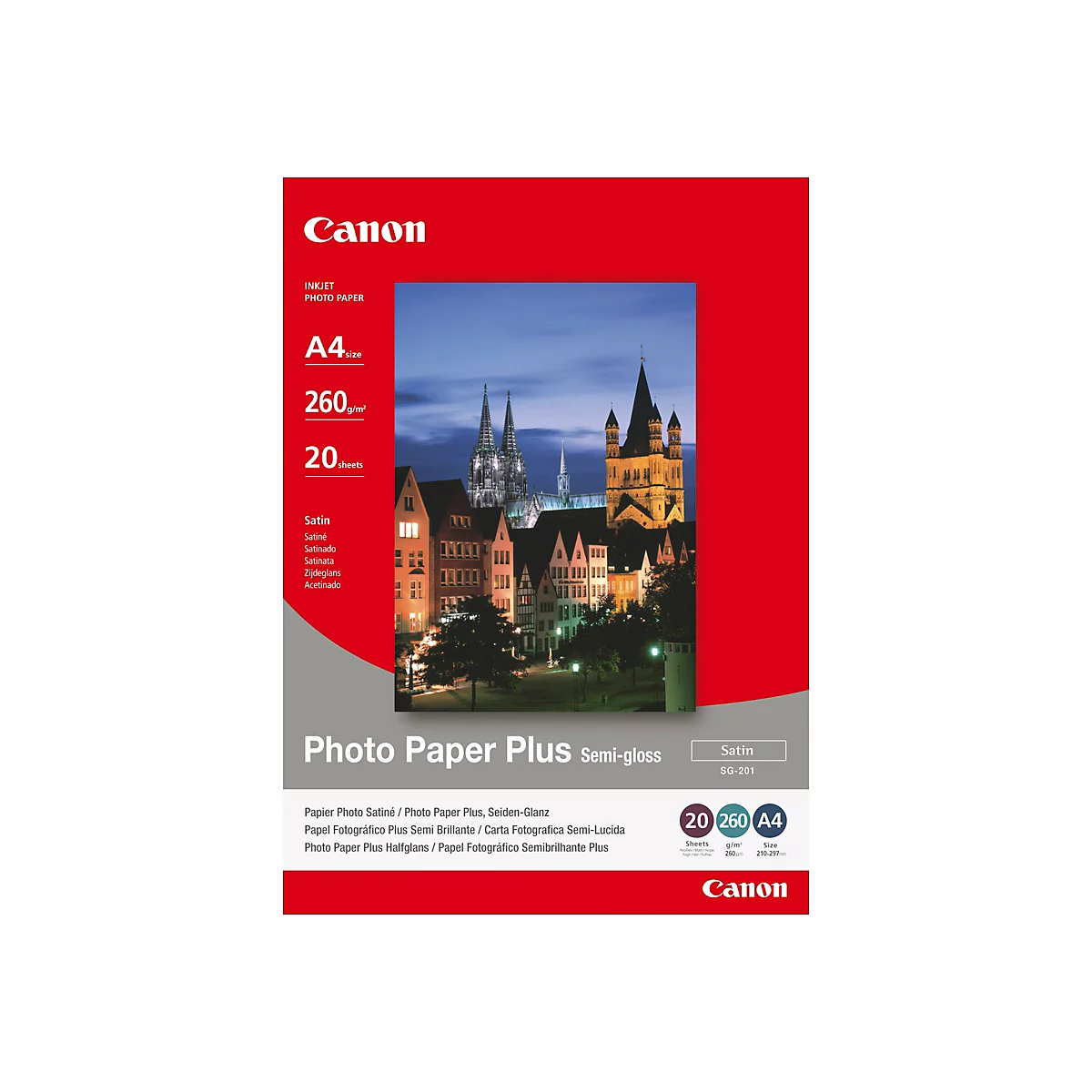 Canon Photo Paper Plus SG-201 A4, 260g/m², 20 Blatt. Verpackung mit Foto des Kölner Doms bei Dämmerung.