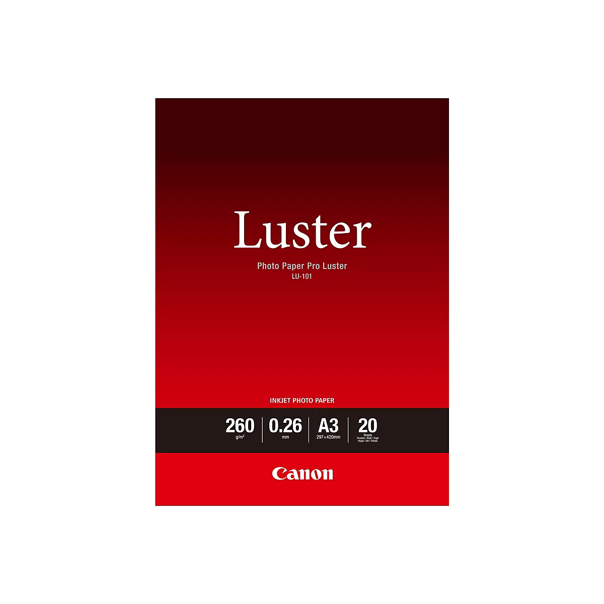 Verpackung von Canon Photo Paper Pro Luster LU-101, A3-Format, 260 g/qm, 20 Blatt.