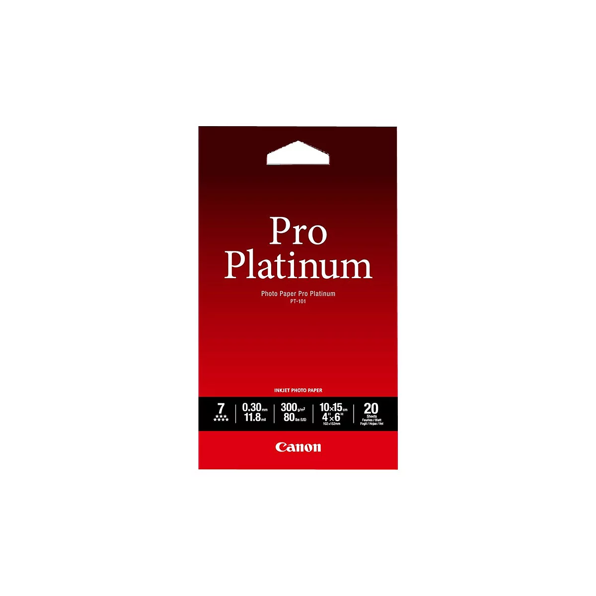Rote Canon Pro Platinum Fotopapier-Verpackung mit technischen Spezifikationen und Logo.