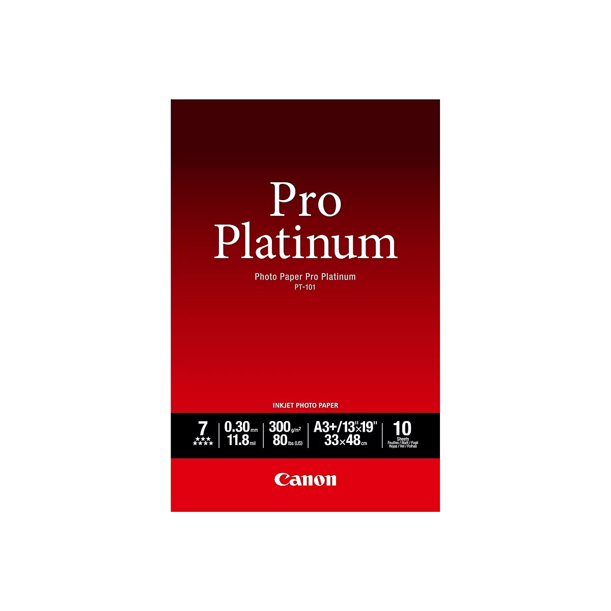 Canon Pro Platinum Fotopapier Verpackung, A3+ Format, 300g/m2, 10 Blatt, dunkelrotes Design.