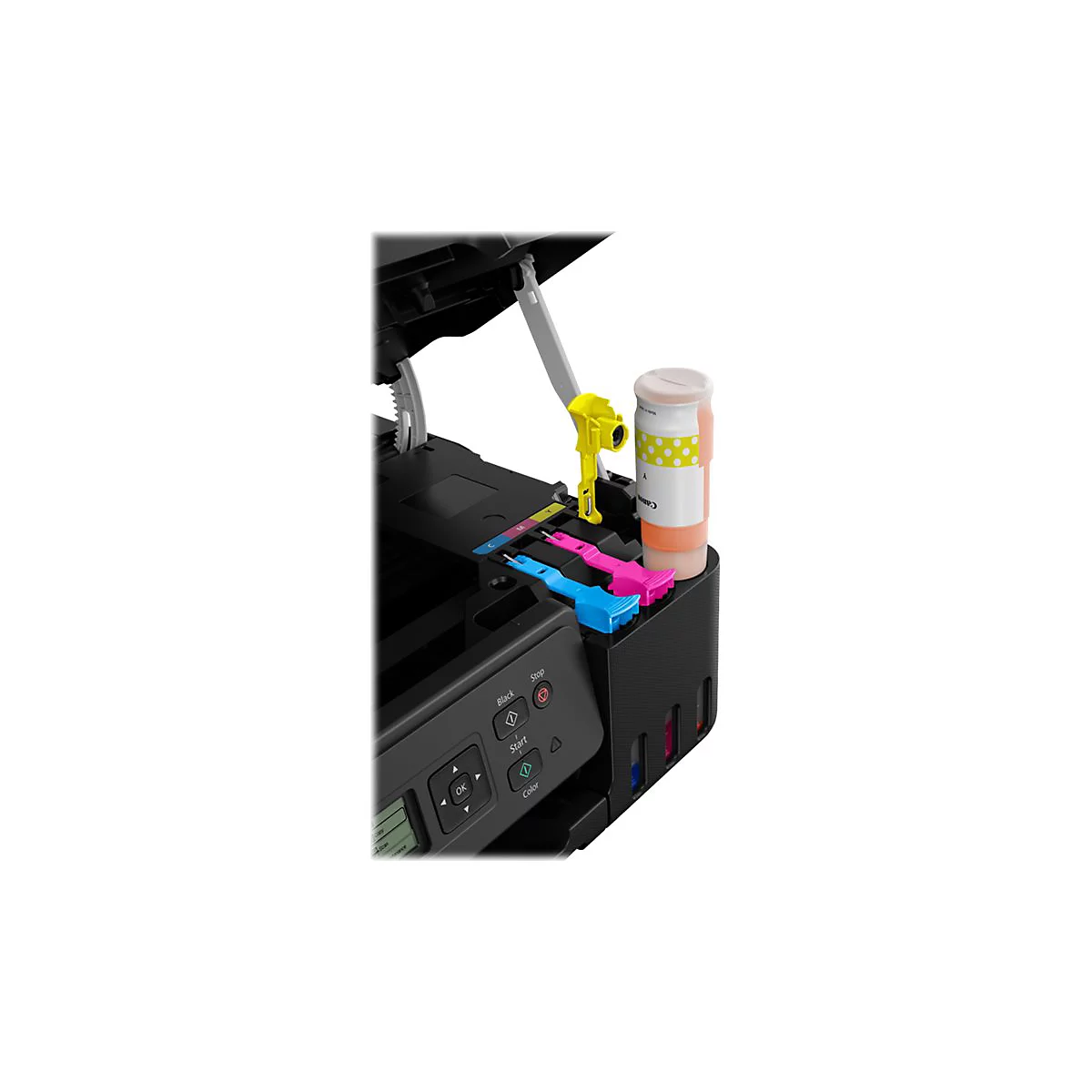 Une imprimante noire, capot ouvert, avec bouteilles d'encre et réservoirs d'encre colorés.