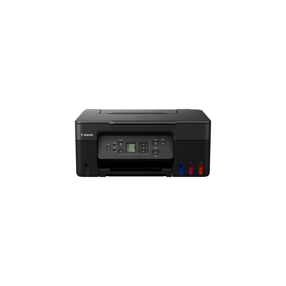 Ein schwarzer Canon-Multifunktionsdrucker. Auf der Vorderseite befinden sich ein Bedienfeld, Tintentanks und Knöpfe.