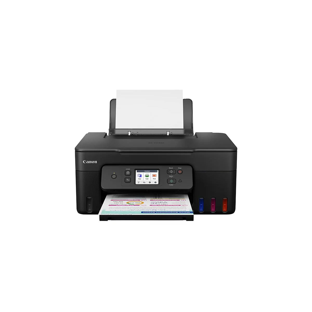 Schwarzer Canon-Drucker mit Papierausgabe. Farbdruck in Betrieb, Papierausgabe mit Diagrammen.