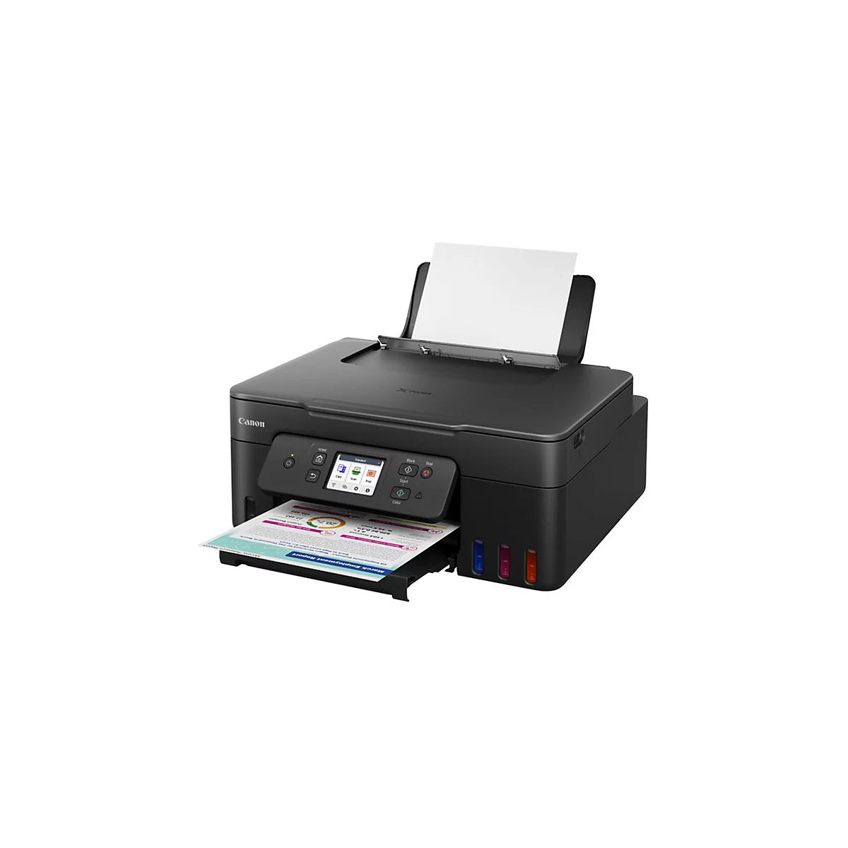 Schwarzer Canon Drucker mit Papier in der Zufuhr und einer gedruckten Seite im Ausgabefach. Der Drucker zeigt ein Display und Tintenbehälter.