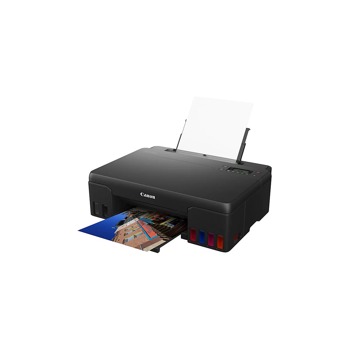 Schwarzer Canon-Drucker mit ausgedrucktem Foto. Papier liegt im Drucker. TintenbehÃ¤lter in Farben.