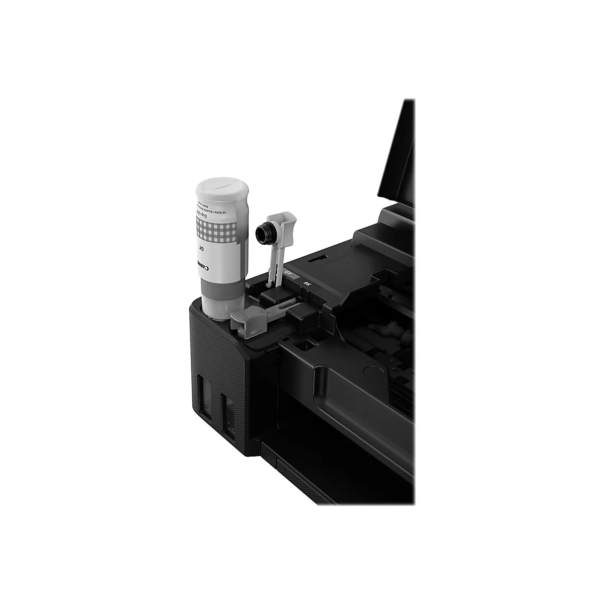 Detailaufnahme eines schwarzen Druckers. Eine Tinteflasche ist im FÃ¼llschacht eingesetzt.