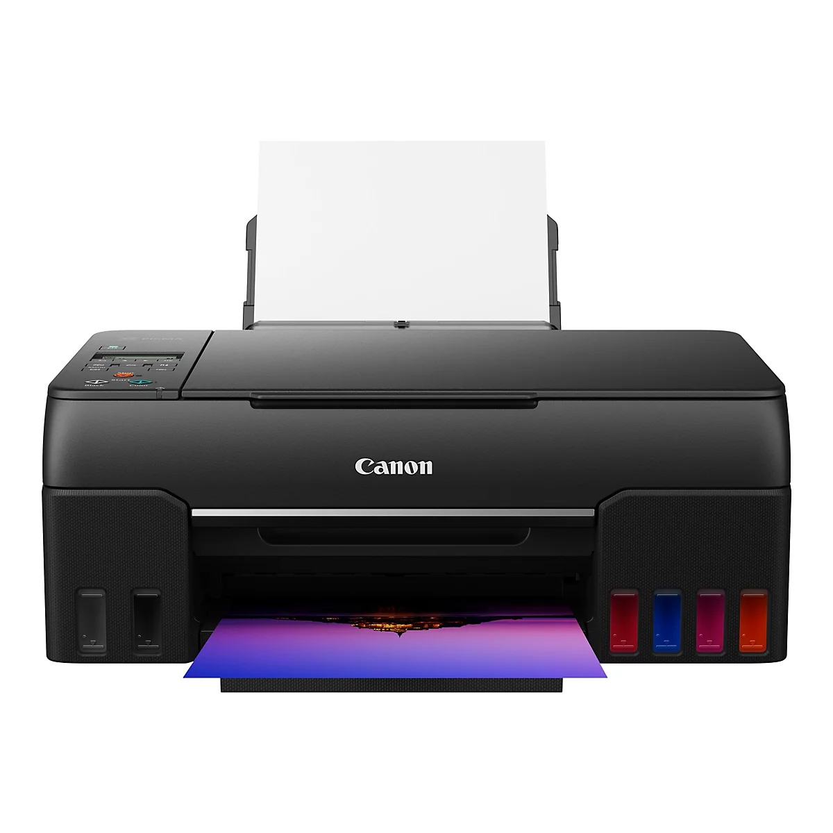 Imprimante Canon noire avec papier blanc. L'image imprimée est en cours de sortie. Les couleurs des cartouches d'encre sont visibles.