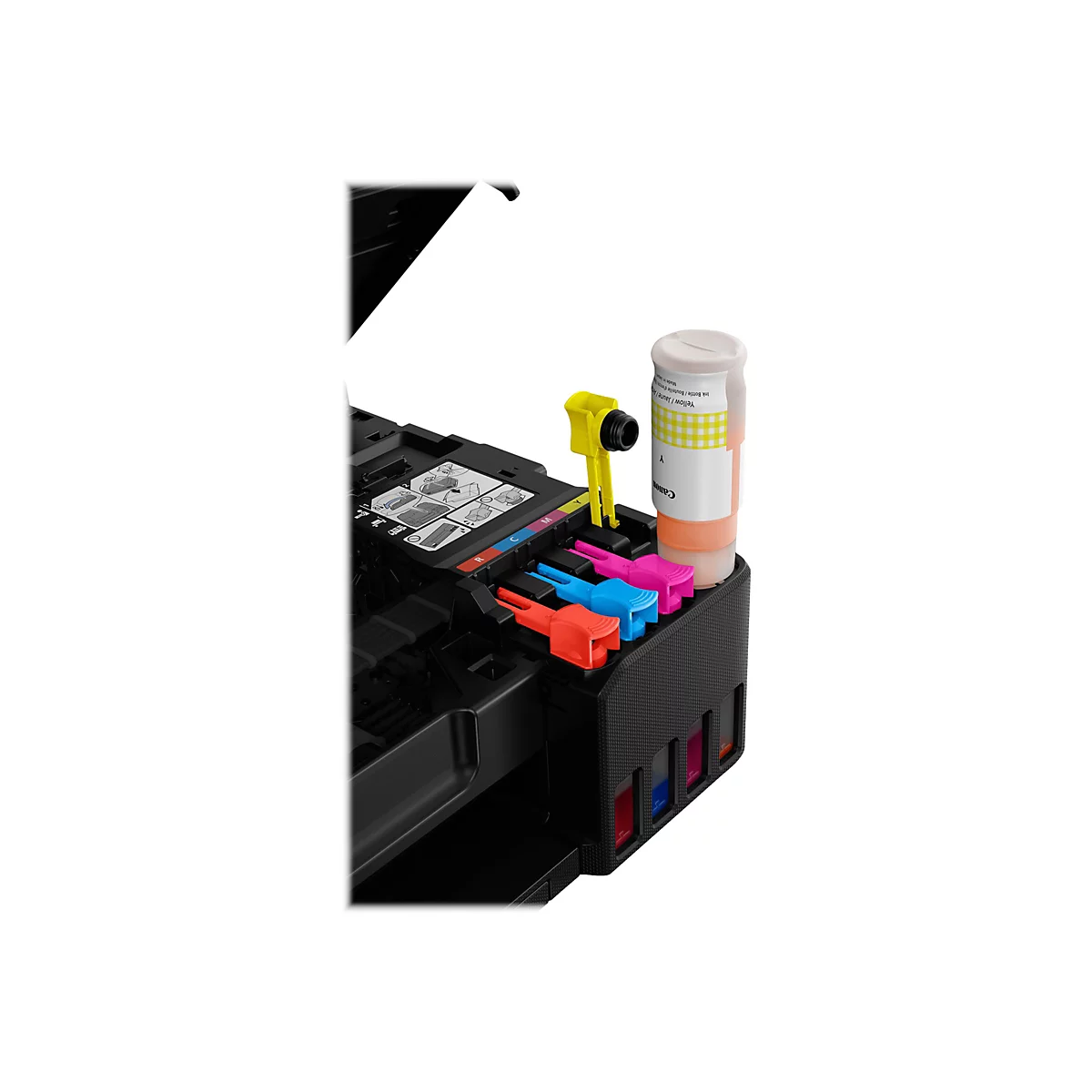 Gros plan d'une imprimante à jet d'encre avec des flacons d'encre. Les couleurs affichées sont le jaune, le magenta, le cyan et le noir.