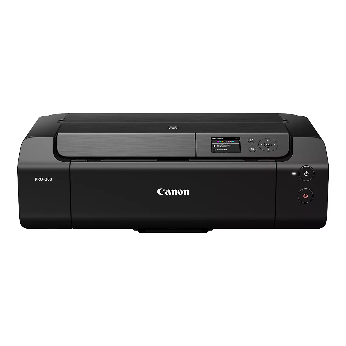 Schwarzer Canon Drucker, Modell PRO-200, mit Bildschirm und Bedienknöpfen.