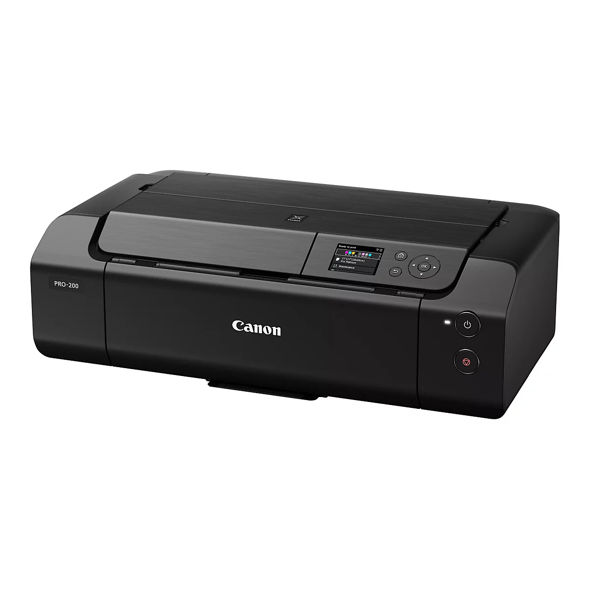 Schwarzer Canon Drucker PRO-200, auf weißem Hintergrund, mit einem Farbbildschirm und Bedientasten.