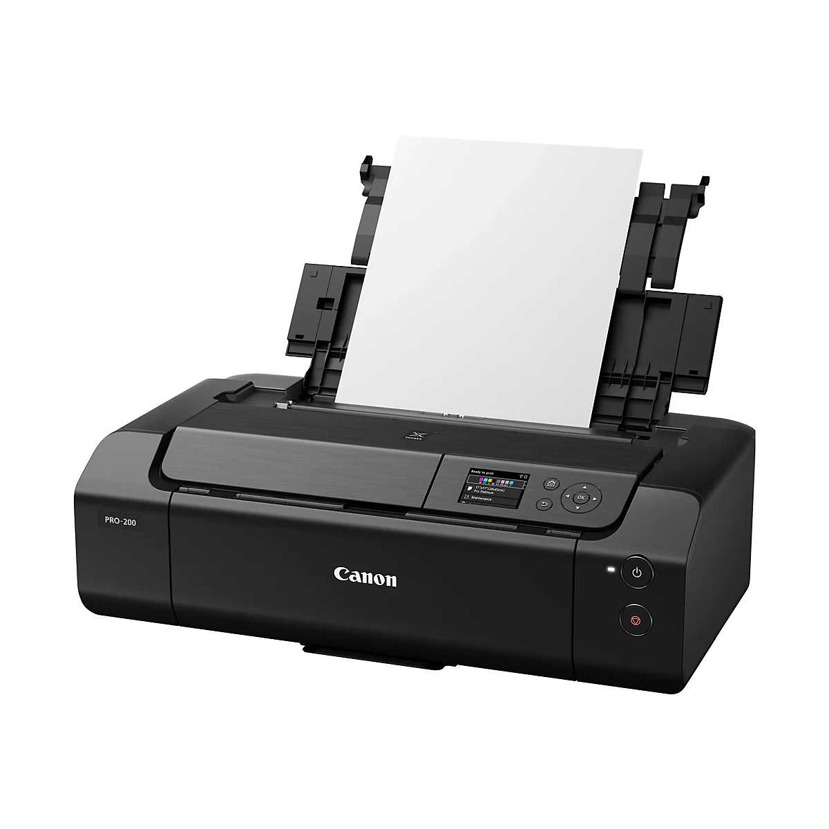 Ein schwarzer Canon PRO-200 Drucker mit offenem Papierfach. Ein weißes Blatt Papier liegt darin.